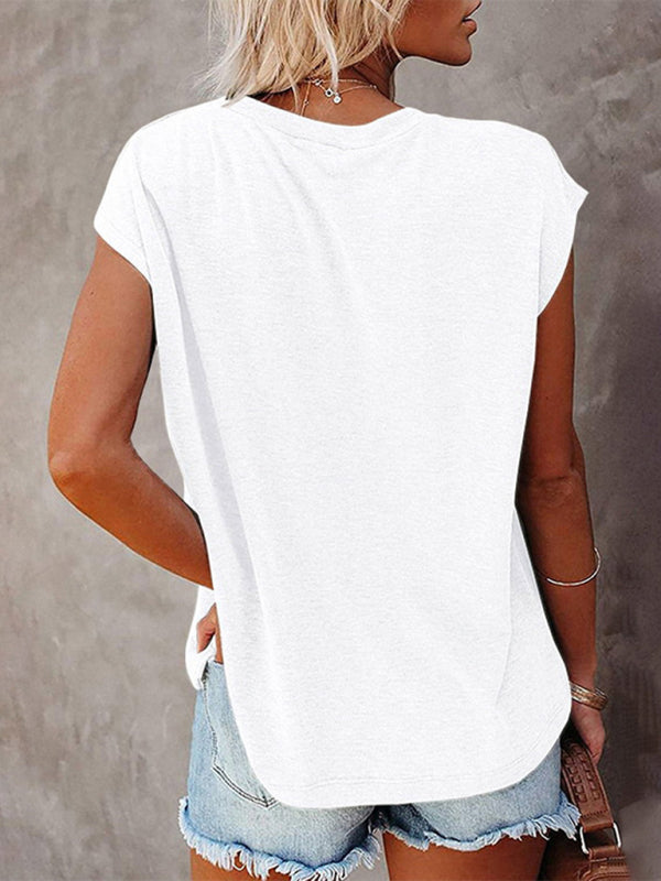 Women’s Tops Solid Color Pocket Off Shoulder Round Neck Short Sleeve Women’s T-Shirt