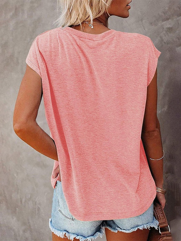 Women’s Tops Solid Color Pocket Off Shoulder Round Neck Short Sleeve Women’s T-Shirt