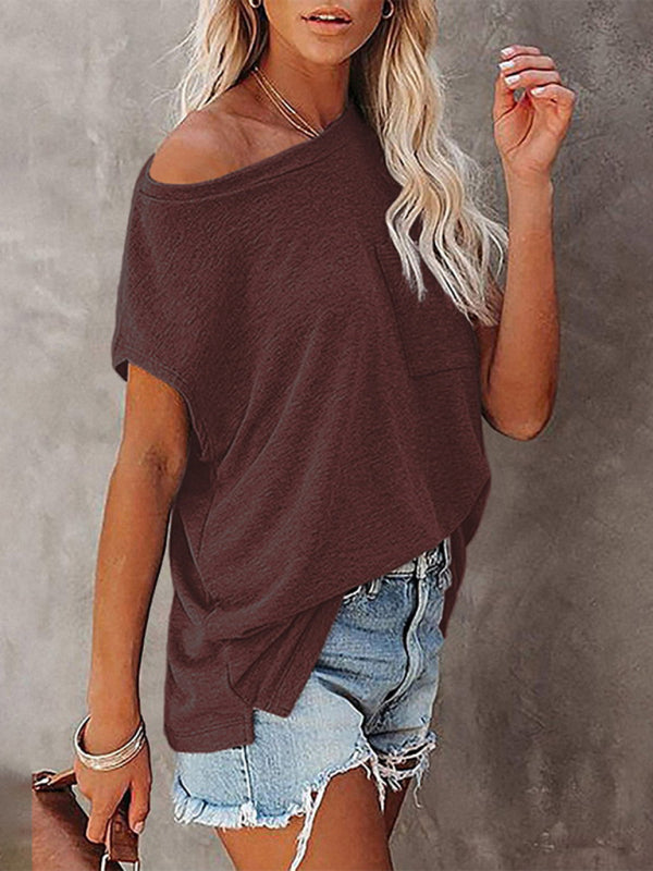 Women’s Tops Solid Color Pocket Off Shoulder Round Neck Short Sleeve Women’s T-Shirt