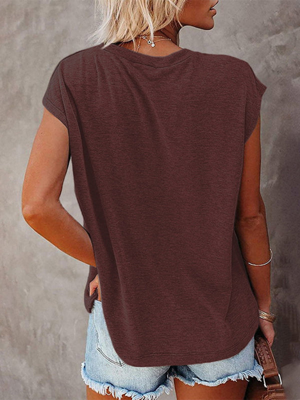 Women’s Tops Solid Color Pocket Off Shoulder Round Neck Short Sleeve Women’s T-Shirt