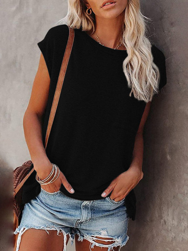 Women’s Tops Solid Color Pocket Off Shoulder Round Neck Short Sleeve Women’s T-Shirt - Blue / S