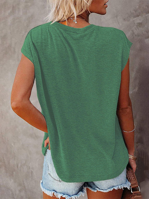 Women’s Tops Solid Color Pocket Off Shoulder Round Neck Short Sleeve Women’s T-Shirt