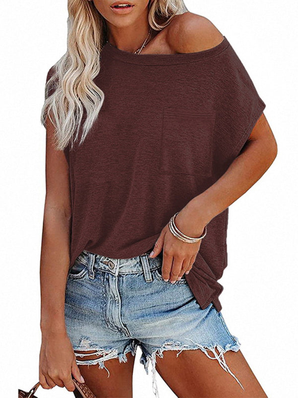 Women’s Tops Solid Color Pocket Off Shoulder Round Neck Short Sleeve Women’s T-Shirt