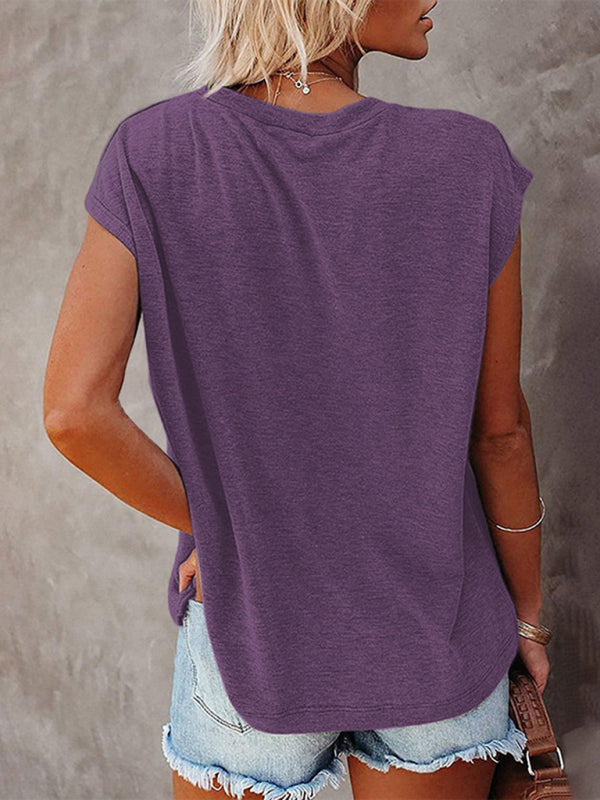 Women’s Tops Solid Color Pocket Off Shoulder Round Neck Short Sleeve Women’s T-Shirt