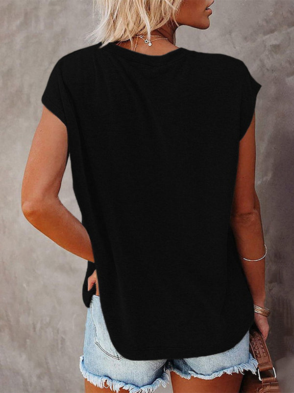 Women’s Tops Solid Color Pocket Off Shoulder Round Neck Short Sleeve Women’s T-Shirt