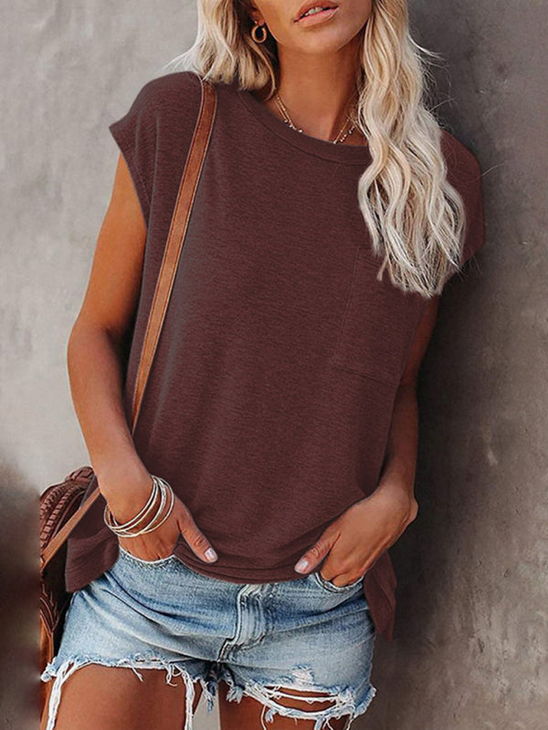 Women’s Tops Solid Color Pocket Off Shoulder Round Neck Short Sleeve Women’s T-Shirt - Wine Red / S