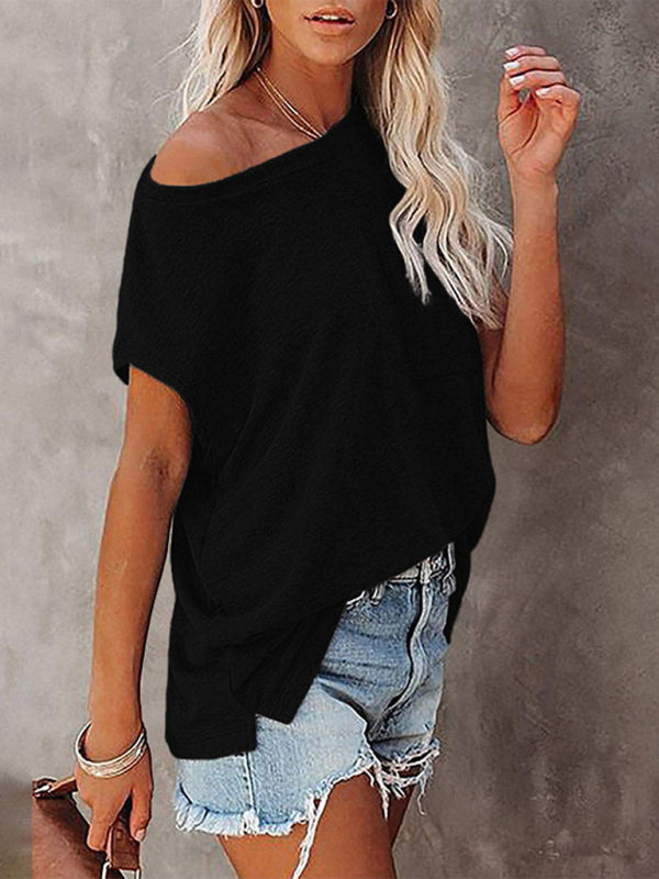 Women’s Tops Solid Color Pocket Off Shoulder Round Neck Short Sleeve Women’s T-Shirt