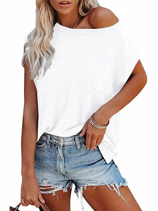 Women’s Tops Solid Color Pocket Off Shoulder Round Neck Short Sleeve Women’s T-Shirt
