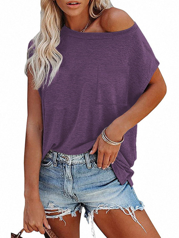 Women’s Tops Solid Color Pocket Off Shoulder Round Neck Short Sleeve Women’s T-Shirt