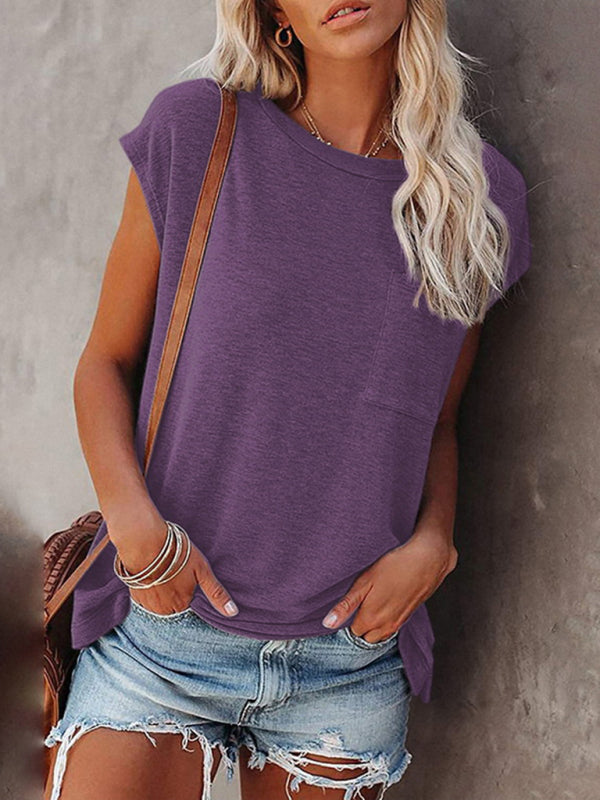 Women’s Tops Solid Color Pocket Off Shoulder Round Neck Short Sleeve Women’s T-Shirt - Purple / S