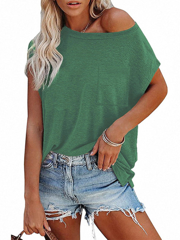 Women’s Tops Solid Color Pocket Off Shoulder Round Neck Short Sleeve Women’s T-Shirt