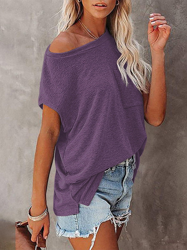 Women’s Tops Solid Color Pocket Off Shoulder Round Neck Short Sleeve Women’s T-Shirt