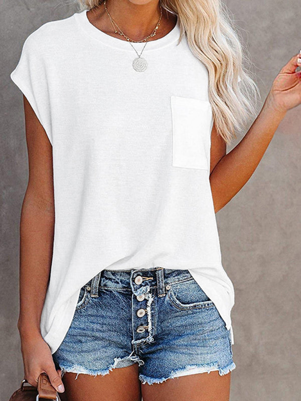 Women’s Tops Solid Color Pocket Off Shoulder Round Neck Short Sleeve Women’s T-Shirt