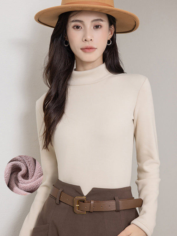 Women’s turtleneck plus fleece warm knitted top - Cream / M