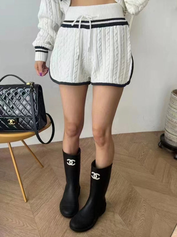 Women’s Twist Knit Sweater Large Lapel Short High Waist Drawstring Waist Contrast Color Trim Suit