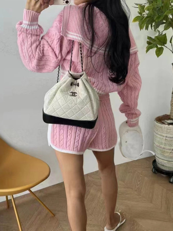 Women’s Twist Knit Sweater Large Lapel Short High Waist Drawstring Waist Contrast Color Trim Suit