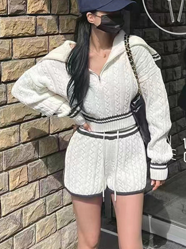 Women’s Twist Knit Sweater Large Lapel Short High Waist Drawstring Waist Contrast Color Trim Suit - White / FREESIZE