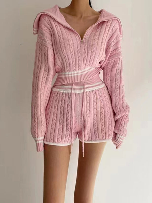 Women’s Twist Knit Sweater Large Lapel Short High Waist Drawstring Waist Contrast Color Trim Suit - Pink / FREESIZE
