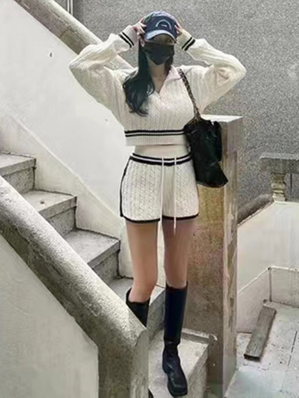 Women’s Twist Knit Sweater Large Lapel Short High Waist Drawstring Waist Contrast Color Trim Suit