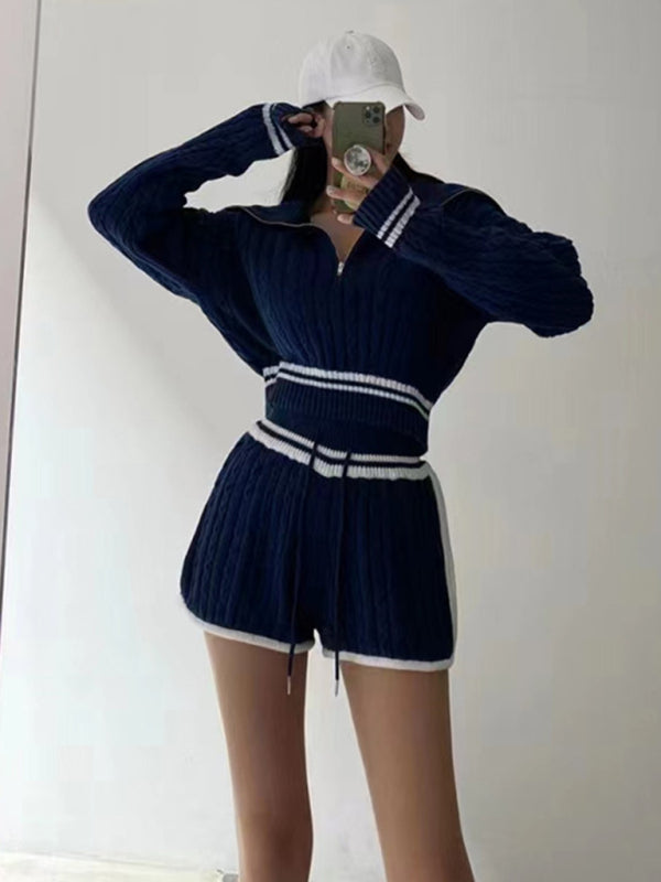 Women’s Twist Knit Sweater Large Lapel Short High Waist Drawstring Waist Contrast Color Trim Suit