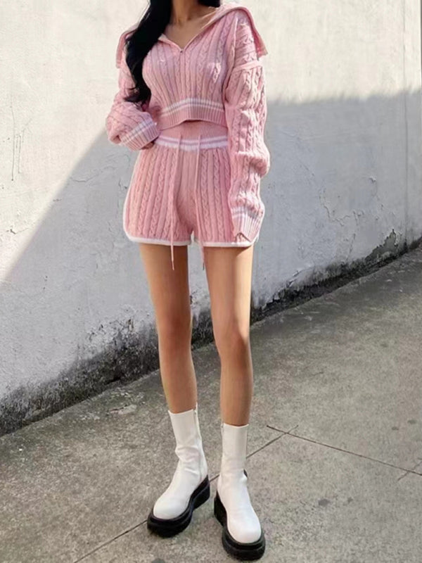 Women’s Twist Knit Sweater Large Lapel Short High Waist Drawstring Waist Contrast Color Trim Suit
