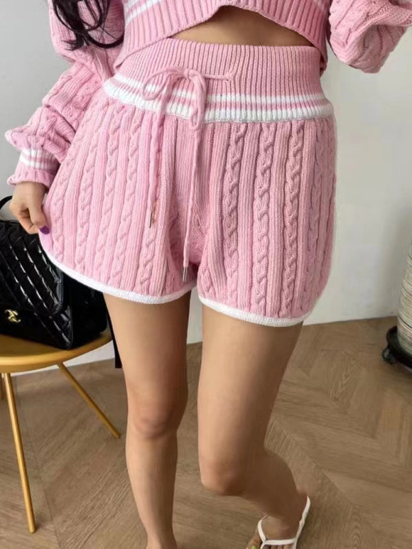Women’s Twist Knit Sweater Large Lapel Short High Waist Drawstring Waist Contrast Color Trim Suit