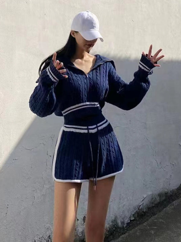 Women’s Twist Knit Sweater Large Lapel Short High Waist Drawstring Waist Contrast Color Trim Suit