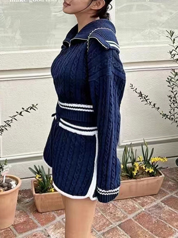 Women’s Twist Knit Sweater Large Lapel Short High Waist Drawstring Waist Contrast Color Trim Suit