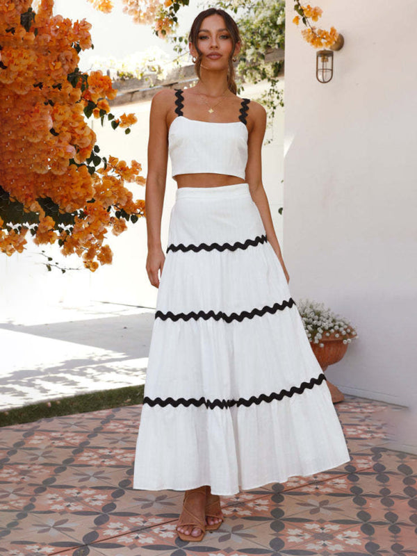 Women’s two-color spliced suspender top ➕ two-piece spliced long skirt