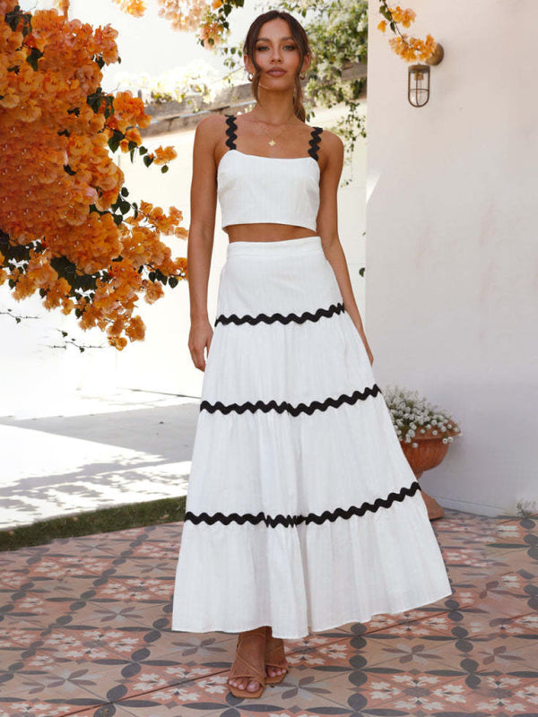 Women’s two-color spliced suspender top ➕ two-piece spliced long skirt - White / S