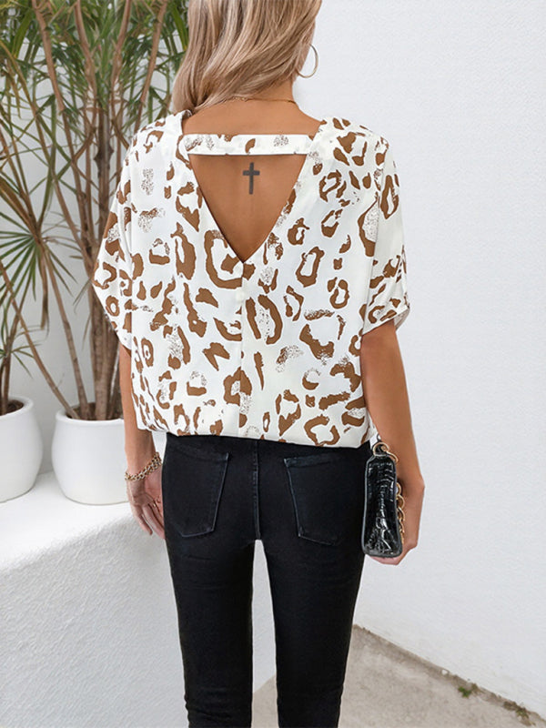 Women’s V-neck bat sleeve leopard print backless shirt featuring a stylish leopard print blouse with open back