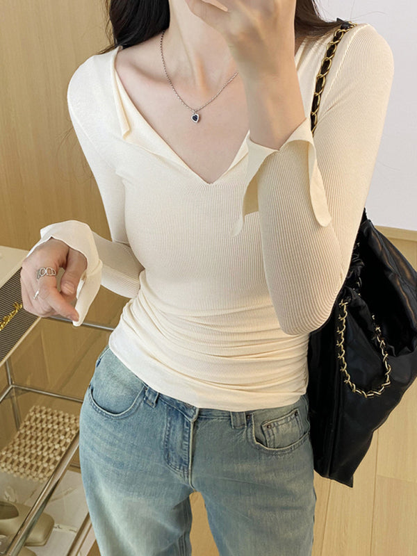 Women’s V-neck bell sleeve slim knitted top