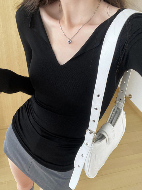 Women’s V-neck bell sleeve slim knitted top