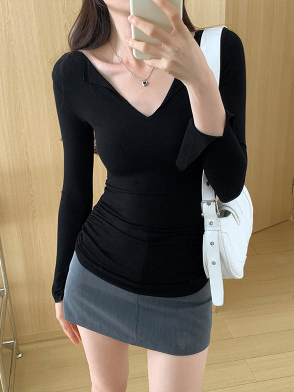Women’s V-neck bell sleeve slim knitted top - Black / S