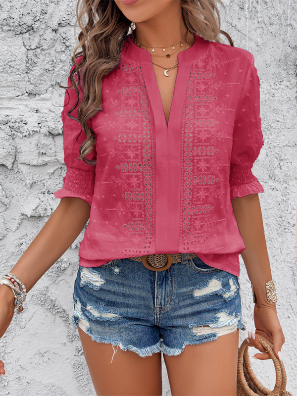 Pink embroidered blouse, a stylish clothing piece from Women’s V-neck casual pullover collection