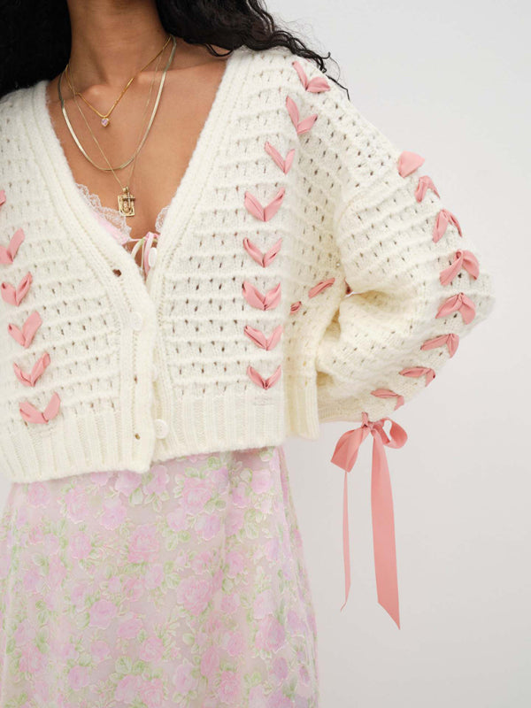 Women’s V-neck lace-up hollow knitted cardigan top loose casual sweater jacket