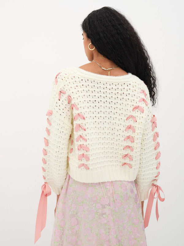 Women’s V-neck lace-up hollow knitted cardigan top loose casual sweater jacket