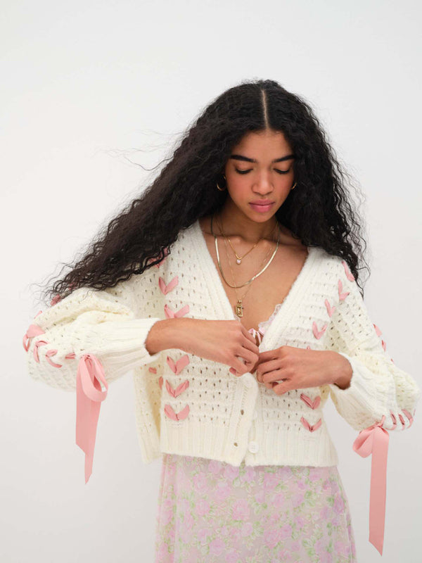 Women’s V-neck lace-up hollow knitted cardigan top loose casual sweater jacket