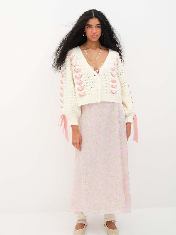 Women’s V-neck lace-up hollow knitted cardigan top loose casual sweater jacket - White / S