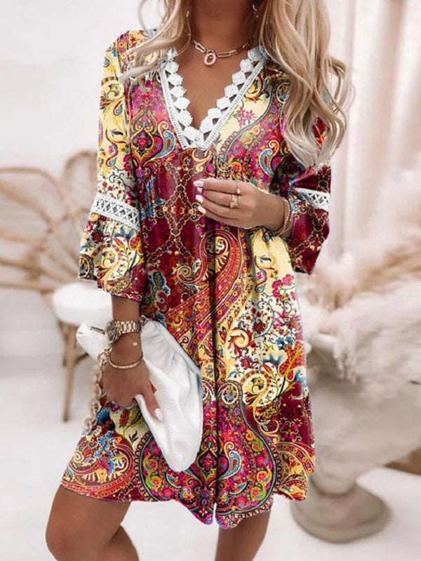 Women’s V-neck printed lace paneled bohemian dress - Wine Red / S