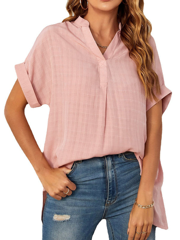 Women’s V-neck short-sleeved striped thin loose check shirt