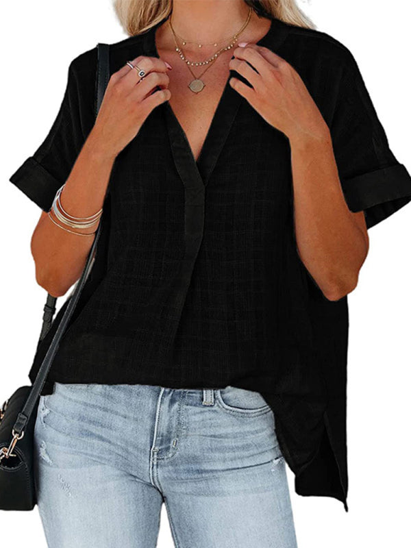 Women’s V-neck short-sleeved striped thin loose check shirt