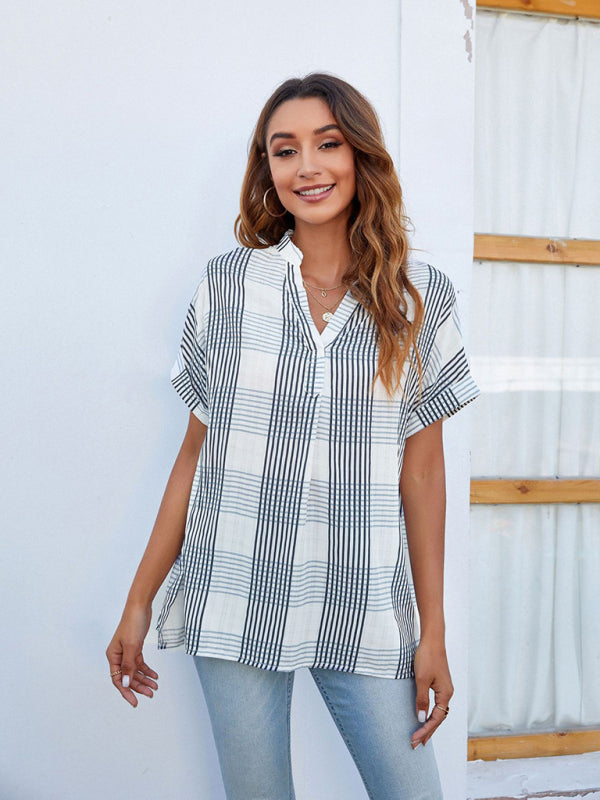 Women’s V-neck short-sleeved striped thin loose check shirt