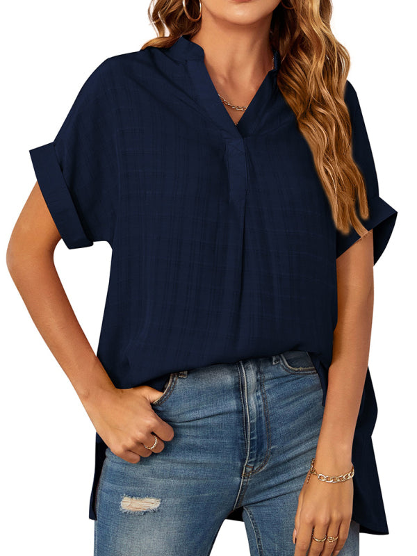 Women’s V-neck short-sleeved striped thin loose check shirt