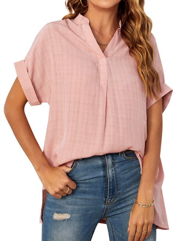 Women’s V-neck short-sleeved striped thin loose check shirt