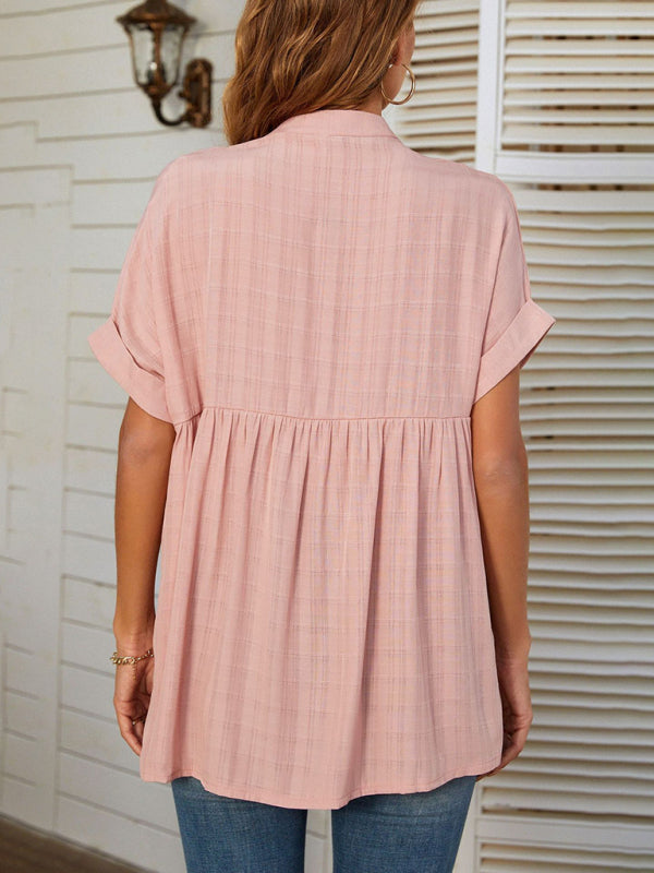 Women’s V-neck short-sleeved striped thin loose check shirt