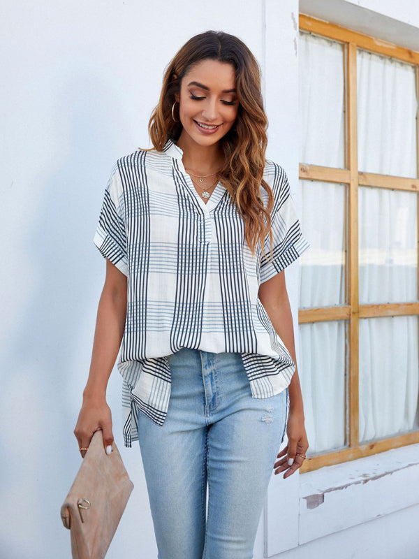 Women’s V-neck short-sleeved striped thin loose check shirt