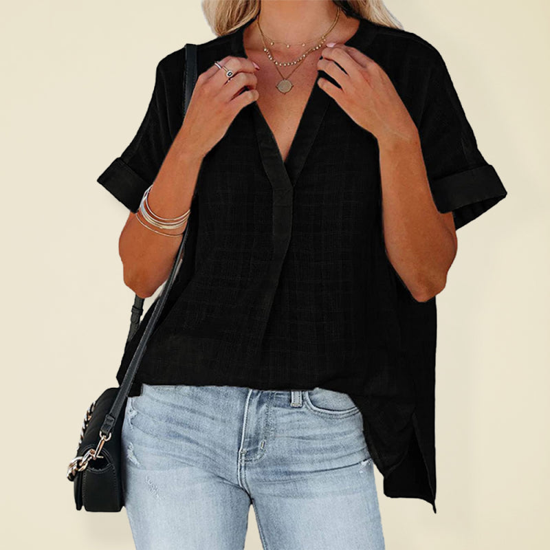 Women’s V-neck short-sleeved striped thin loose check shirt - Black / S