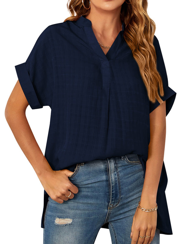 Women’s V-neck short-sleeved striped thin loose check shirt - Champlain color / S