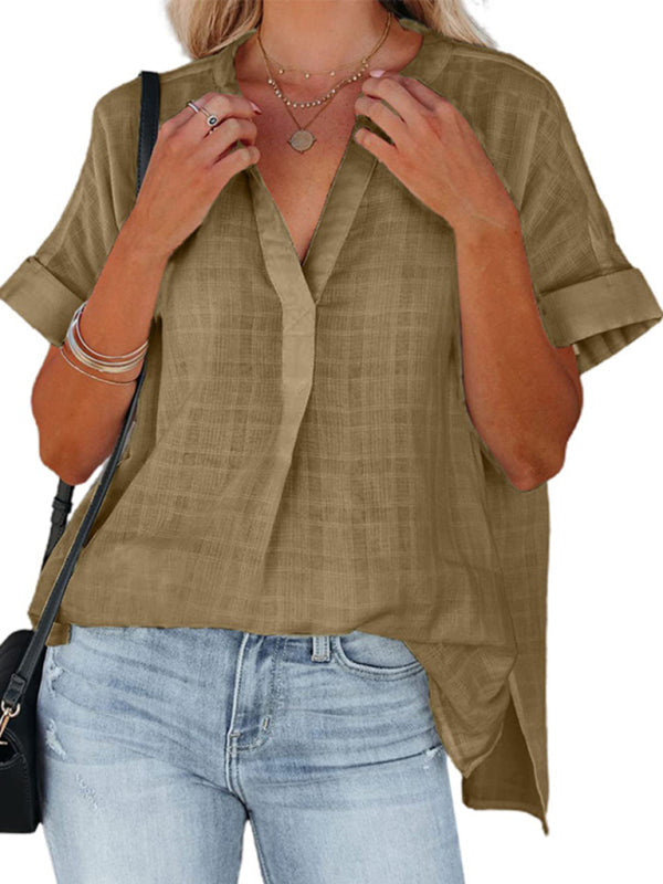 Women’s V-neck short-sleeved striped thin loose check shirt - Coffee / S